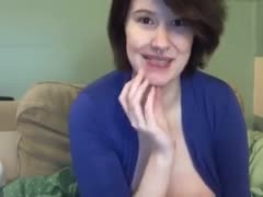 An amateur, sinful, short-haired, super-busty, topless livecam pose